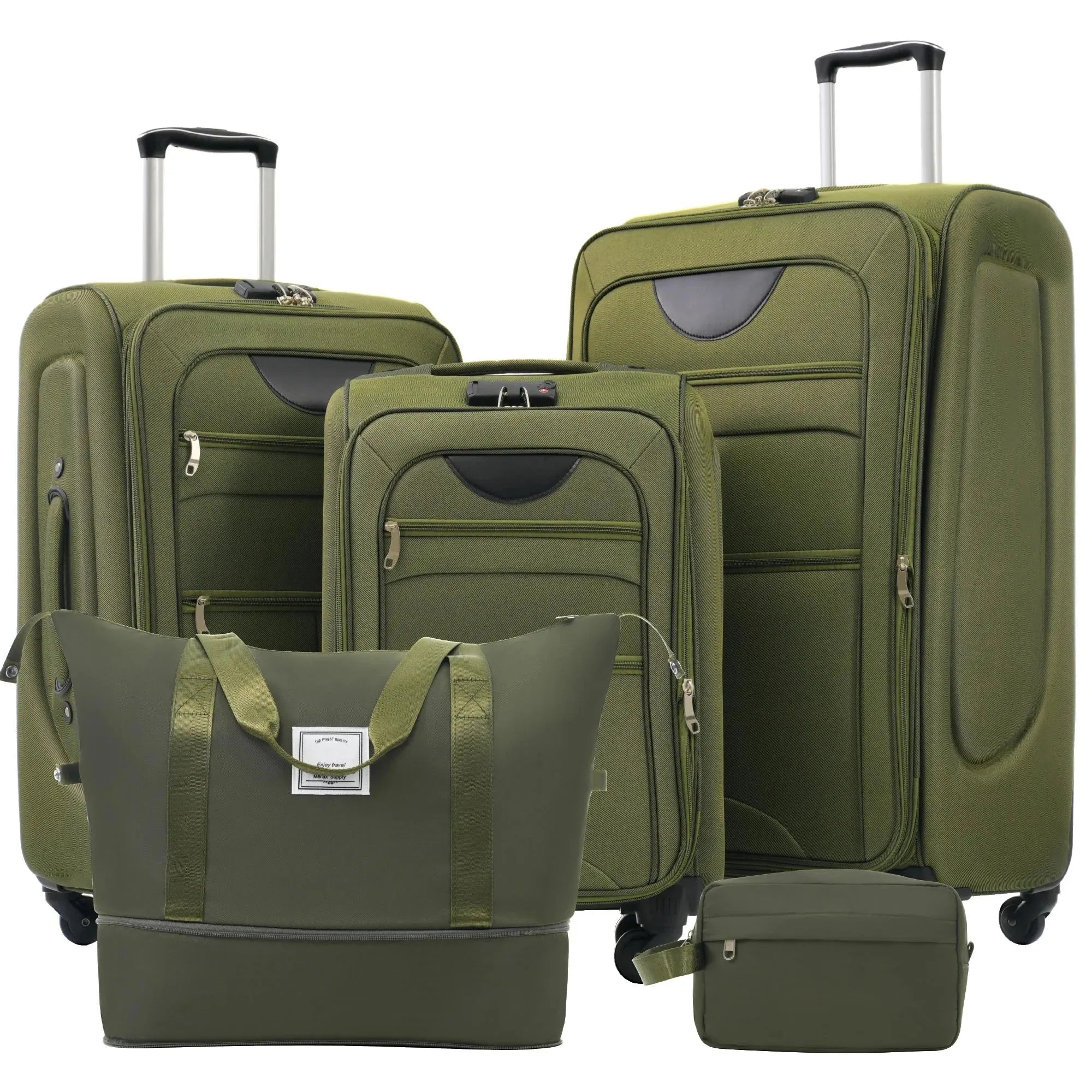 Set of five Nova Mart softside expandable luggage pieces with TSA locks, featuring wheels and handles for travel convenience.