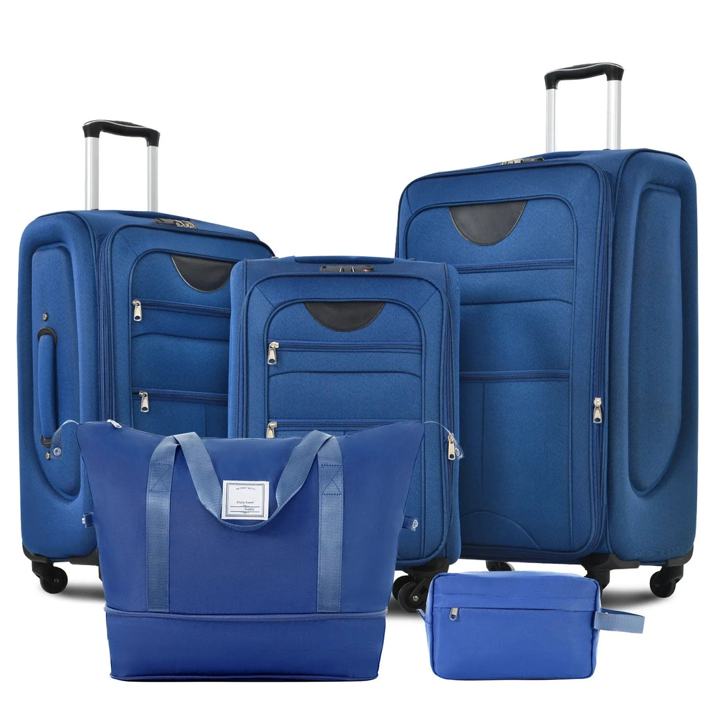 Five-piece Nova Mart softside expandable luggage set with TSA locks, including various sizes for travel convenience.