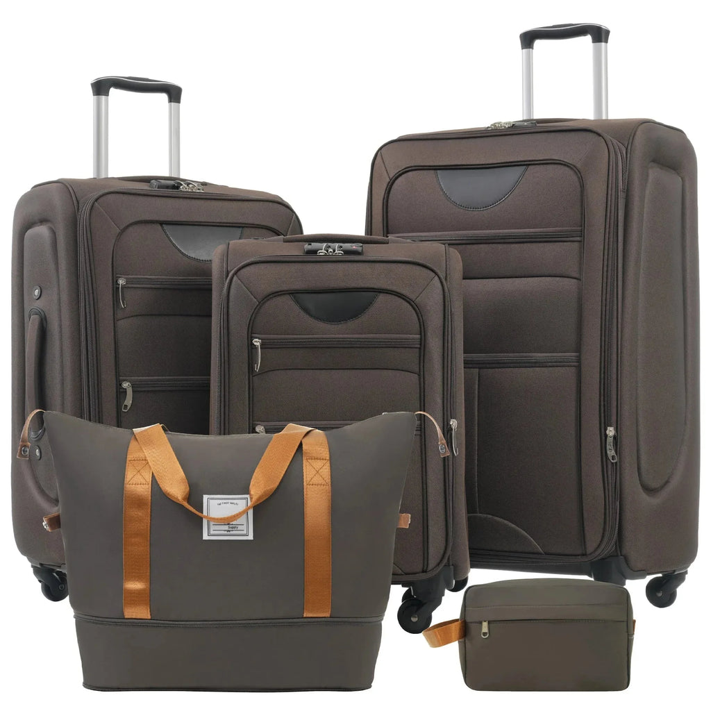 Five-piece Nova Mart softside expandable luggage set with TSA locks, featuring sleek design and multiple compartments for travel.