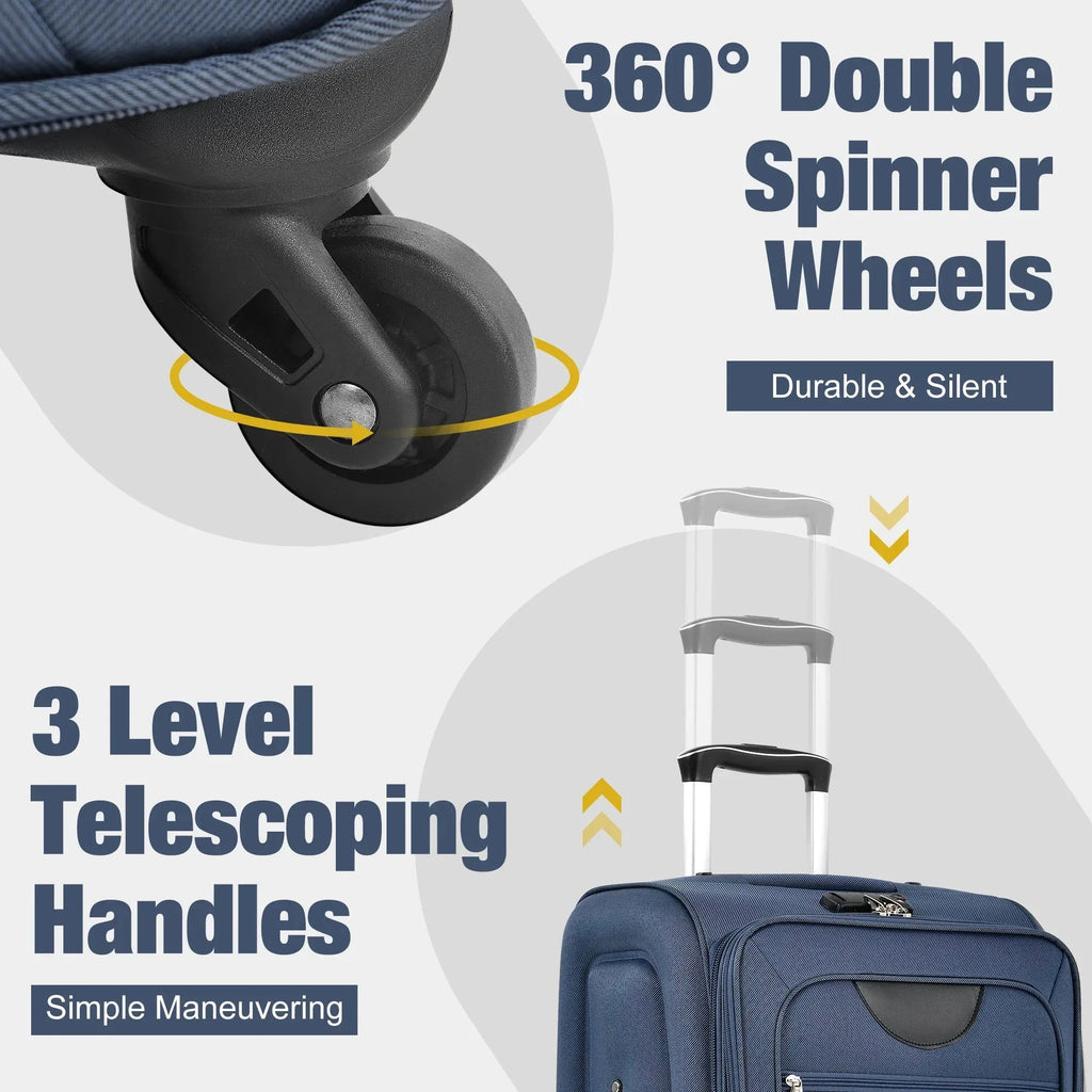 Five-piece Nova Mart softside expandable luggage set with TSA locks, featuring multiple suitcases and wheels for travel.