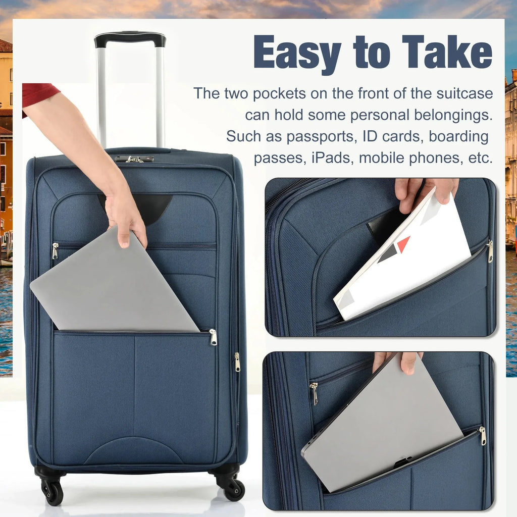 Five-piece Nova Mart softside expandable luggage set with TSA locks, featuring multiple suitcases for travel convenience.