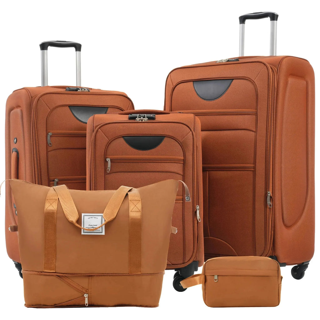 Set of five Nova Mart softside expandable luggage pieces with TSA locks, featuring wheels and handles for travel.