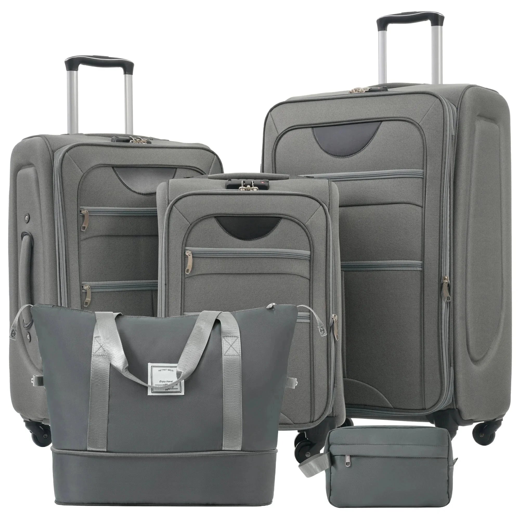 Five-piece Nova Mart softside expandable luggage set with TSA locks, featuring multiple suitcases for travel storage.
