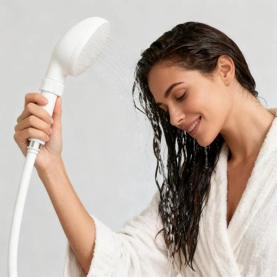 Nova Mart handheld faucet sprayer for hair wash and pet bathing, bathroom accessory with adjustable water stream attachment.