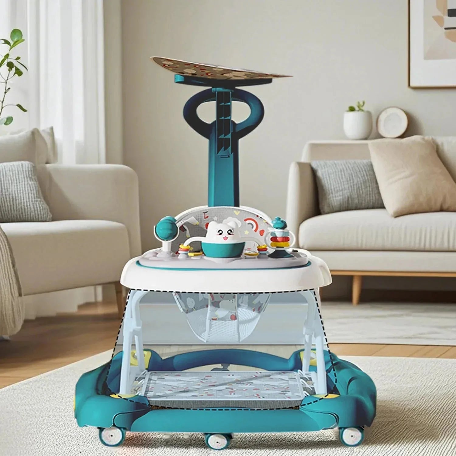 Nova Mart 6-in-1 Baby Push Walker with music, lights, and dining tray, suitable for babies 7 months and older.