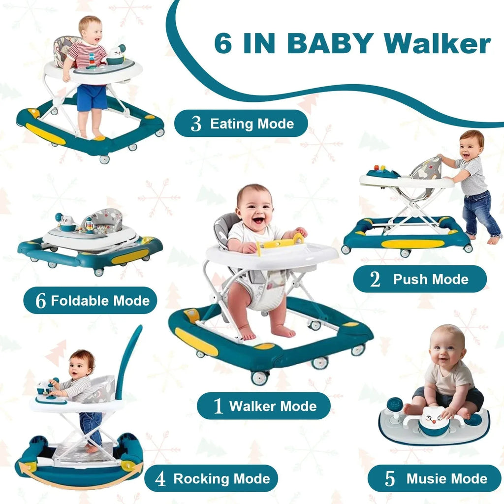 Nova Mart 6-in-1 Baby Push Walker with music, lights, and dining tray for children 7 months and older, shown with adjustable features.
