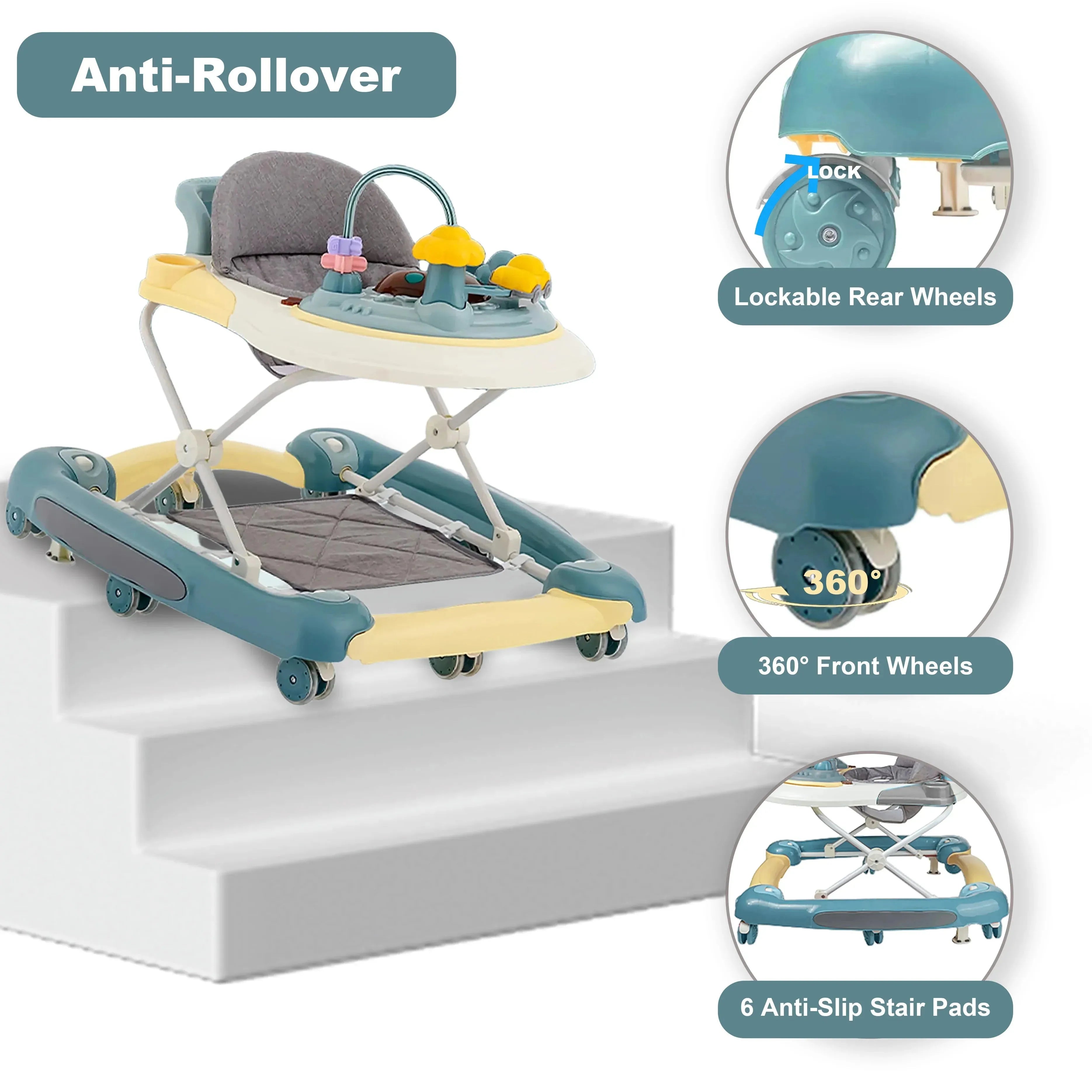 Nova Mart 6-in-1 baby push walker with music, lights, and dining tray, suitable for children 7 months and older, on a smooth floor.