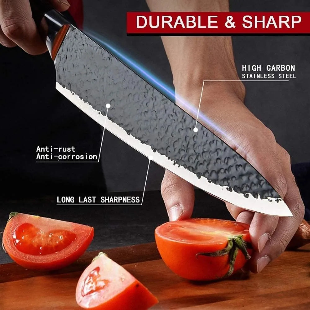 Six-piece Nova Mart steel kitchen knife set with black handles, displayed in a black gift case on a wooden surface.