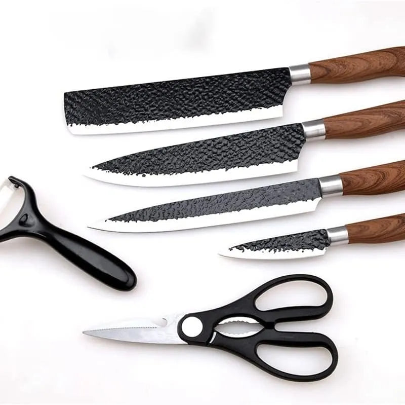 Six-piece Nova Mart steel kitchen knife set with gift case, featuring various blades for cooking and food prep.