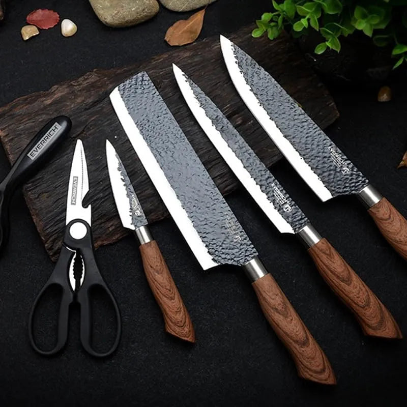 Six-piece Nova Mart steel kitchen knife set with gift case, including chef, bread, and utility knives for cooking and dining.