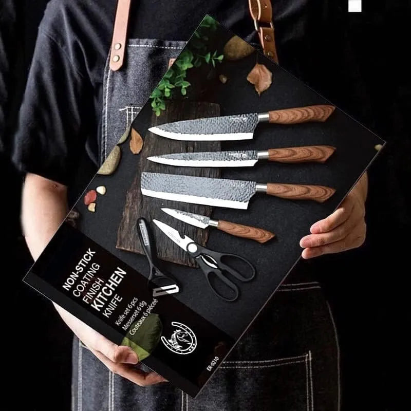 Six-piece Nova Mart steel kitchen knife set with gift case, including chef, bread, and utility knives arranged on a wooden surface.