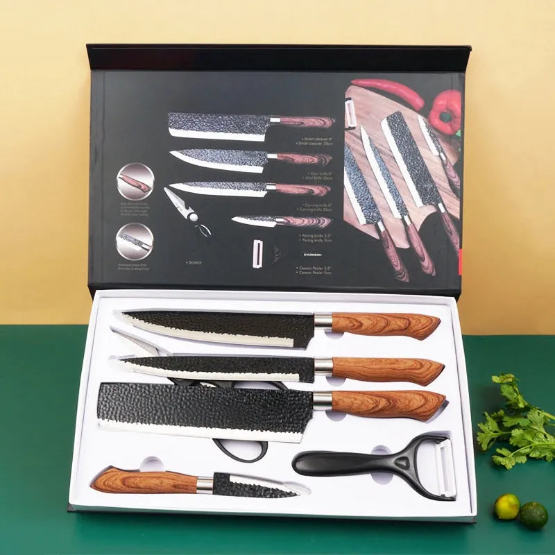 Six stainless steel kitchen knives from Nova Mart in a gift case, displayed with handles and blades visible.