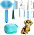 Nova Mart 7-piece pet grooming kit with self-cleaning brush and nail clipper, featuring various grooming tools for pets.