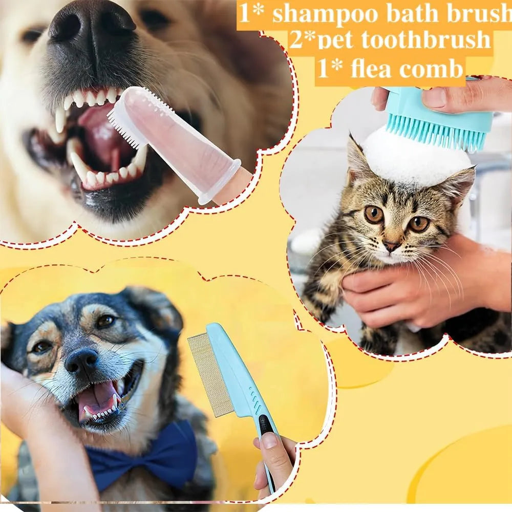 Nova Mart 7-piece pet grooming kit including a self-cleaning brush and nail clipper set for dog and cat grooming.