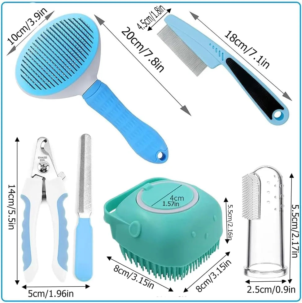Nova Mart 7-piece pet grooming kit with self-cleaning brush and nail clipper, ideal for maintaining pet hygiene and grooming.