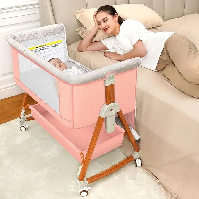 Nova Mart 3-in-1 foldable baby bassinet bedside sleeper with wheels and rocking feature, showing soft fabric and sturdy frame.