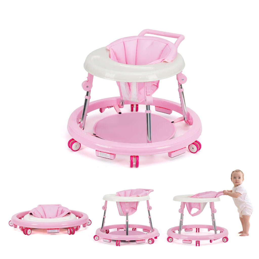 Nova Mart Wismind foldable baby walker with adjustable height and activity tray, shown with padded seat and colorful toy attachments.