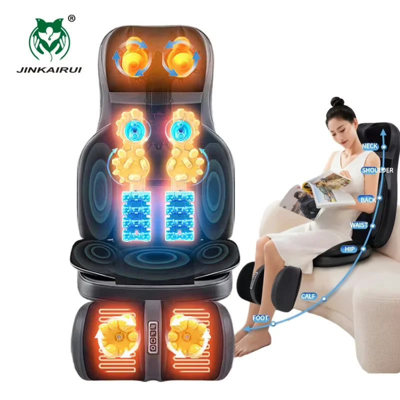 Nova Mart Shiatsu Neck and Back Massager with Heat, 3D Kneading Chair Pad showing the device on a chair for targeted relief.