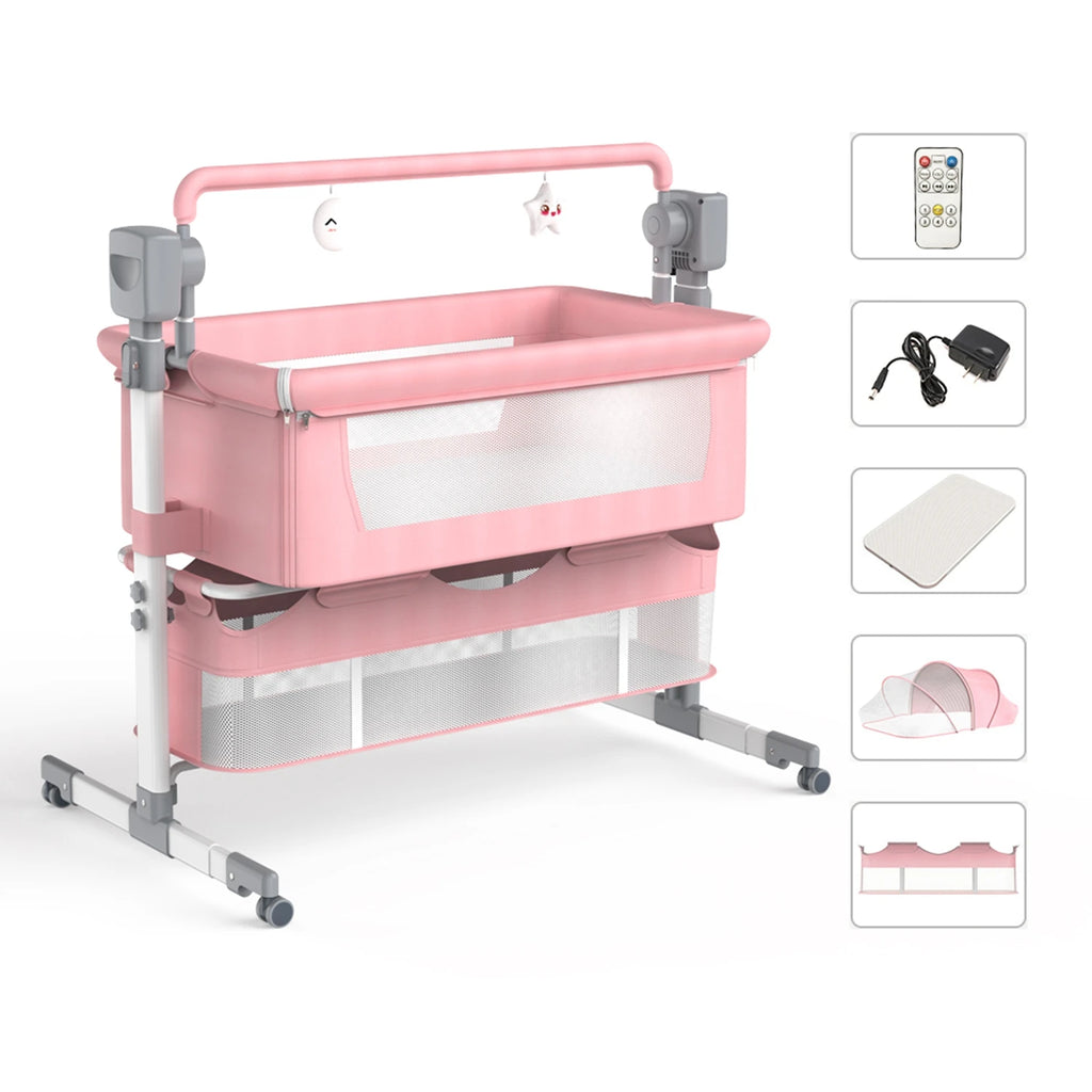 Automatic rocking baby bassinet by Nova Mart with remote control and wheels, designed for comfortable sleep for infants.