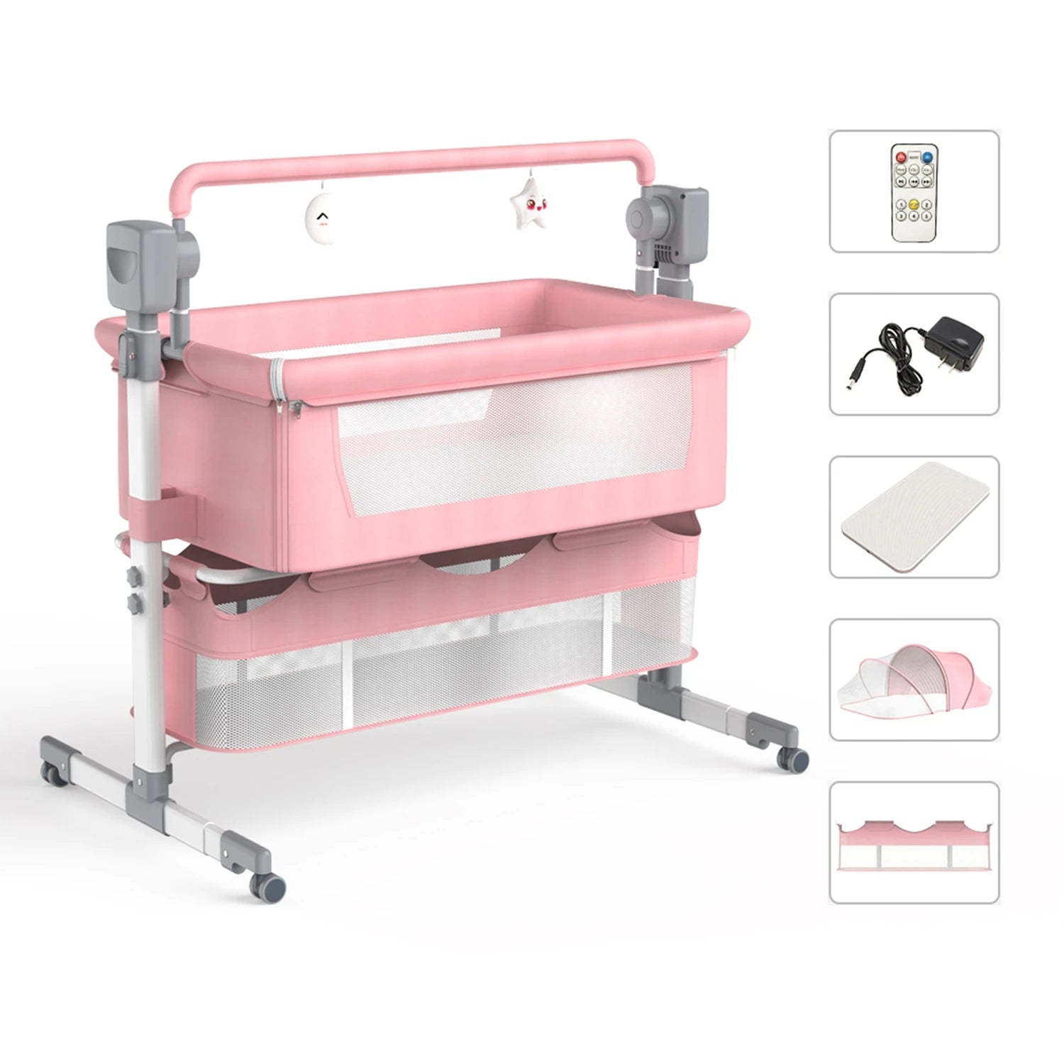 Automatic rocking baby bassinet by Nova Mart with remote control and wheels, designed for comfortable sleep for infants.