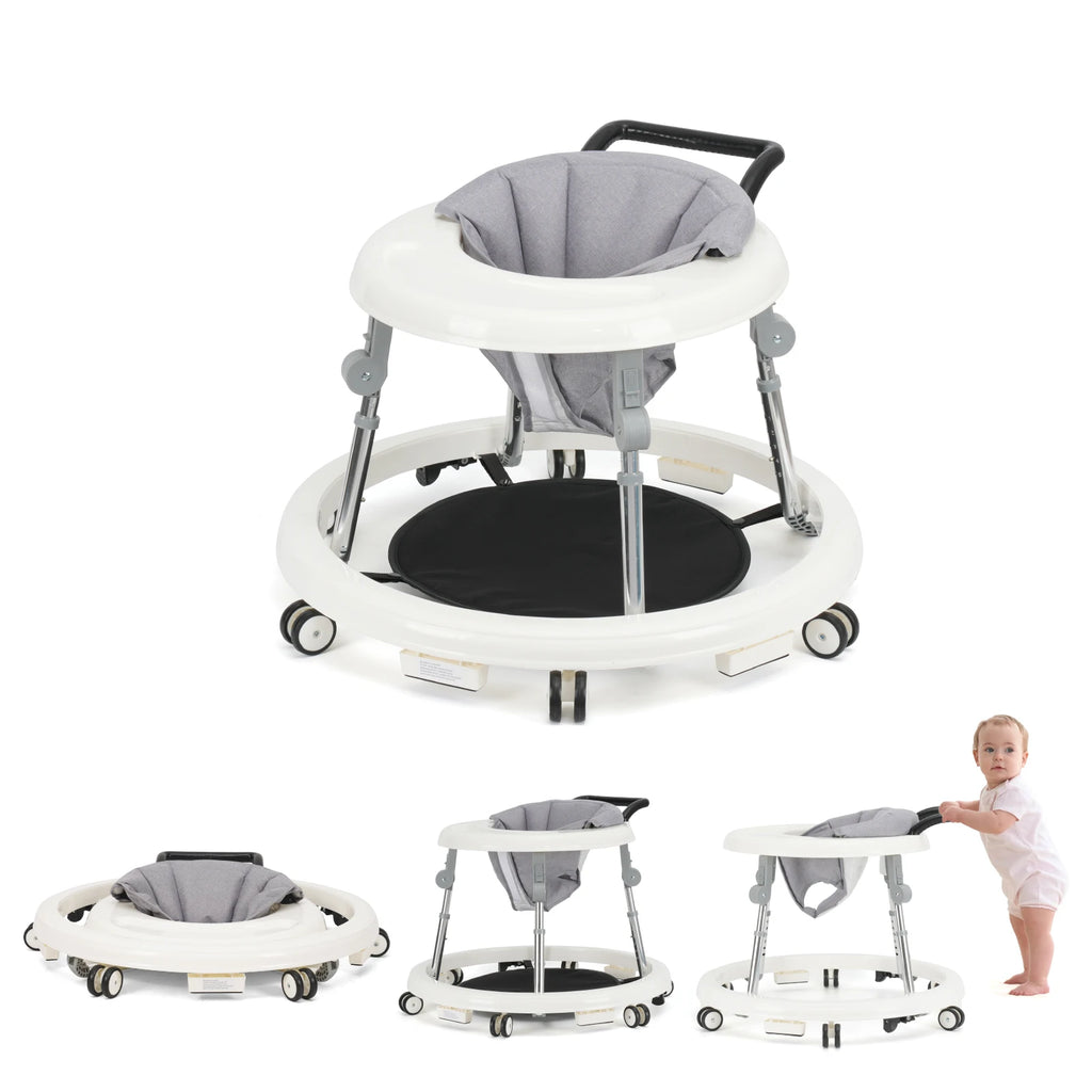 Foldable baby walker with adjustable height and activity tray by Nova Mart, shown with colorful activity features and padded seat.