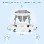 Foldable baby walker by Nova Mart with adjustable height and activity tray, featuring colorful toys and a sturdy frame.