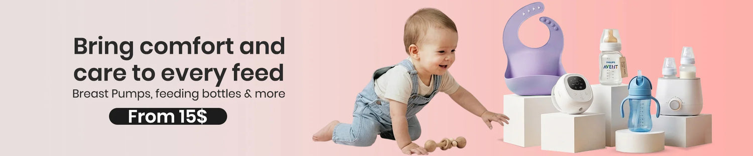 Premium baby feeding gear including a Philips Avent bottle, silicone bib, and electric breast pump on white blocks with a smiling baby.