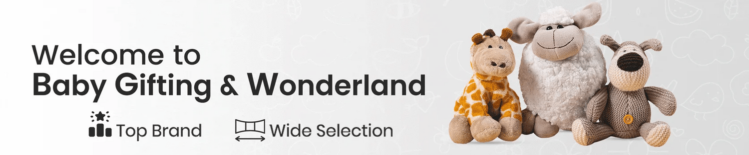 Premium plush giraffe, sheep, and knitted dog toys on a minimalist light gray background for the desktop baby gifting wonderland collection banner.