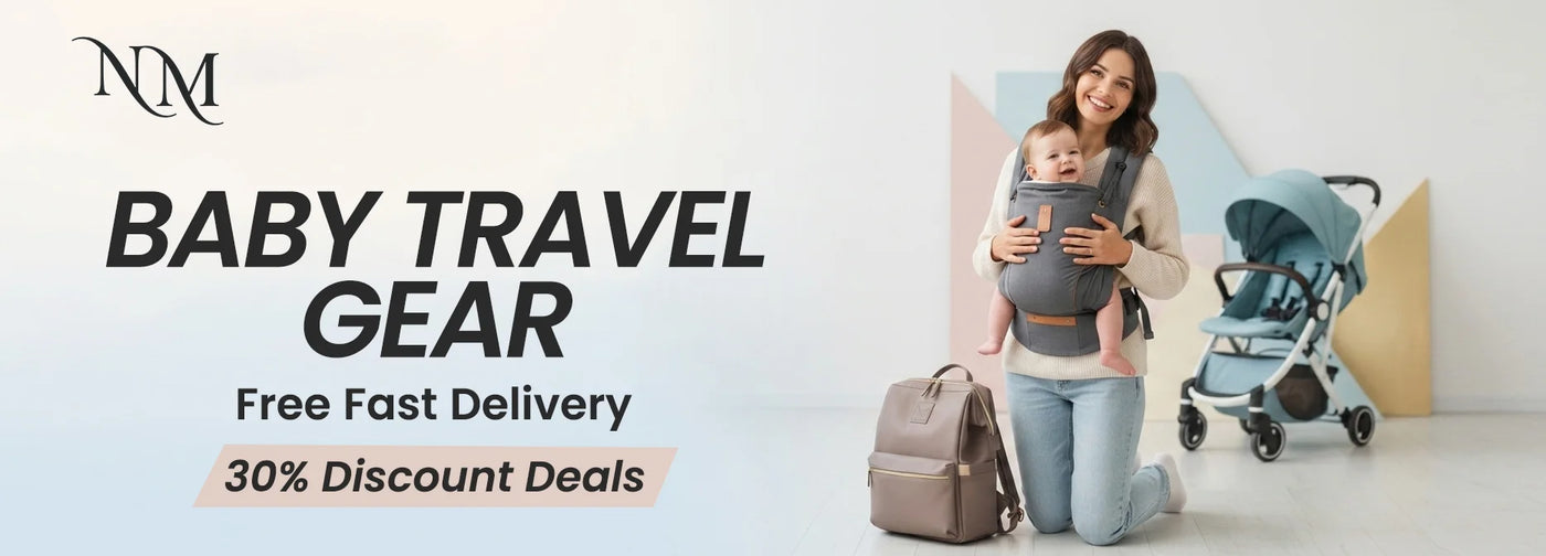 Premium baby travel essentials featuring a luxury diaper backpack, baby carrier, and light blue stroller on a minimalist background.