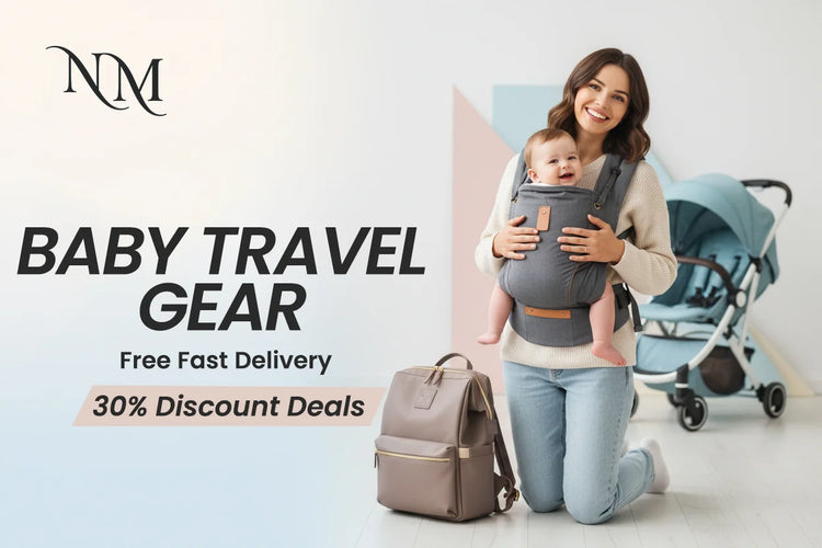 Mother holding baby in a gray baby carrier next to a diaper bag backpack and stroller for mobile travel gear collection.