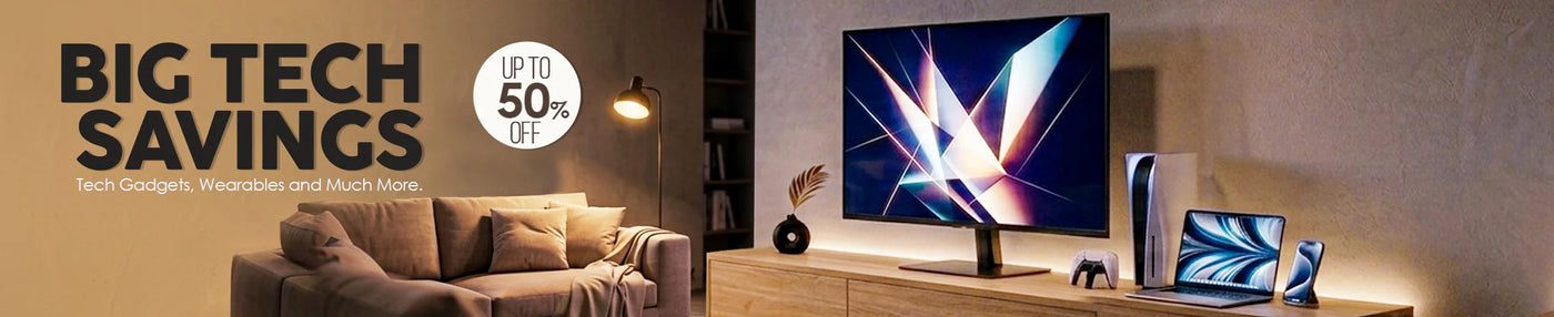 Promotional banner text reads: Big Tech Savings on Tech Gadgets, Wearables and Much More. Image features a premium home theater setup with a smart TV, gaming console, laptop, and smartphone against a warm textured wall.