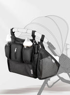 Nova Mart Sunveno Baby Stroller Organizer Bag with multiple storage compartments attached to a stroller handle.