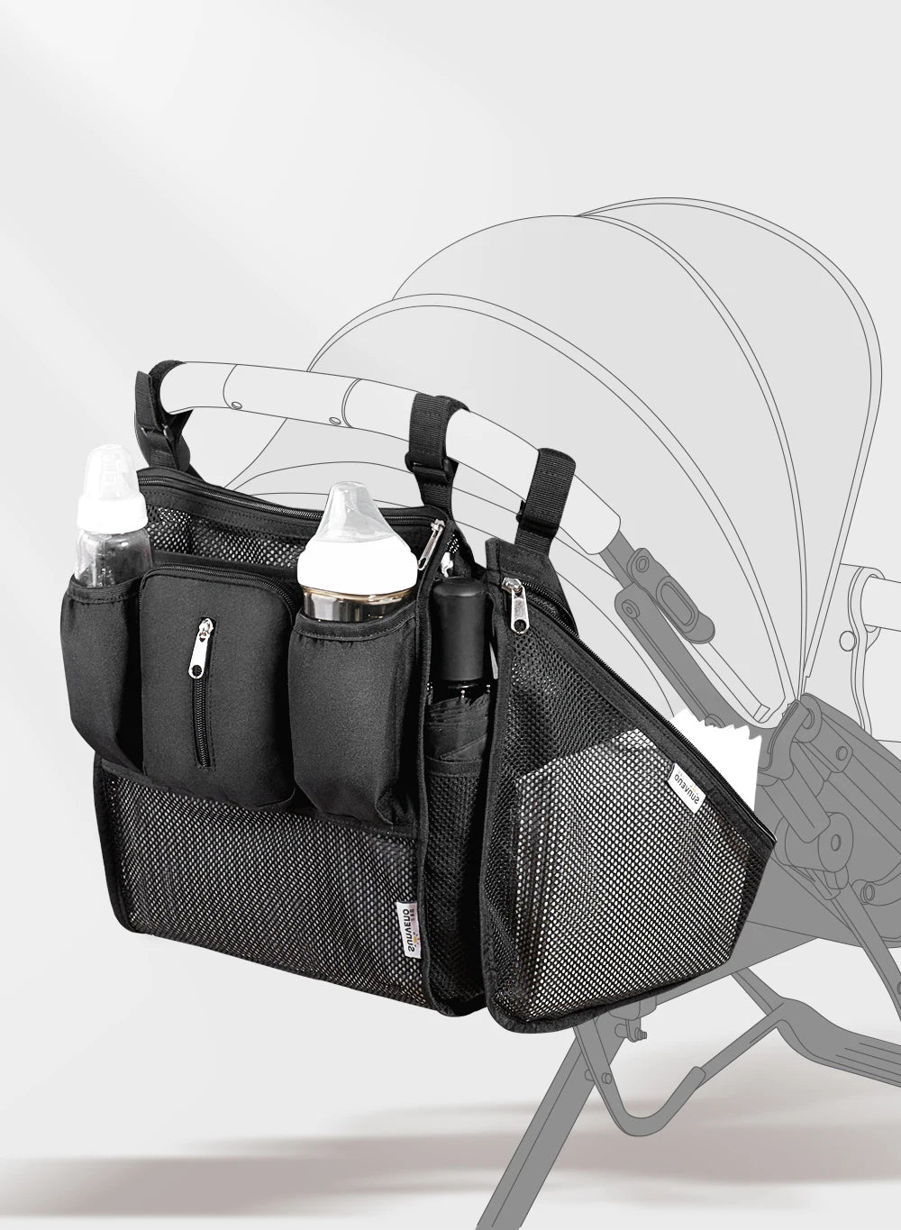 Nova Mart Sunveno Baby Stroller Organizer Bag with multiple storage compartments attached to a stroller handle.