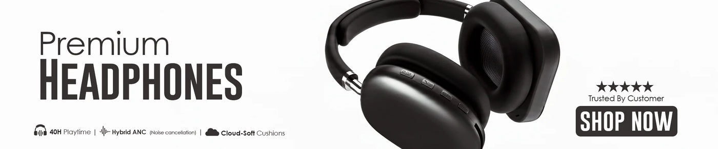 Premium NM wireless headphones with 40h battery life and hybrid noise cancellation features, rated 5 stars by customers.