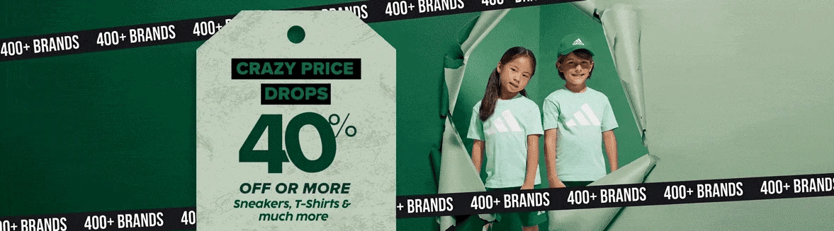 A promotional banner for Nova Mart featuring two children wearing Adidas t-shirts and a cap, with a large price tag graphic announcing 40% off or more on sneakers, t-shirts, dresses, and more.