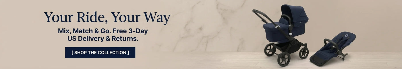 Wide desktop hero banner for Nova Mart displaying a modular navy blue stroller system on a sleek light wood floor against a soft cream marble wall. On the left side, dark navy typography reads 'Your Ride, Your Way. Mix, Match & Go. Free 3-Day US Delivery & Returns.' placed directly above a prominent rectangular '[ SHOP THE COLLECTION ]' button.