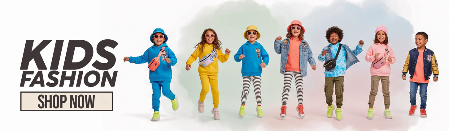 A group of seven happy children dressed in colorful, stylish outfits including hoodies, joggers, and accessories, standing in front of a minimalist background with the text "Kids Fashion" and a "Shop Now" call-to-action button.