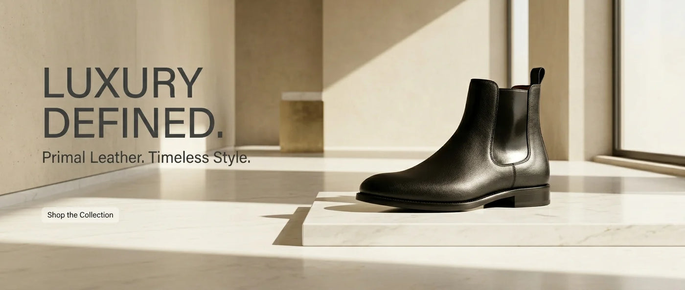 A premium black leather Chelsea boot placed on a smooth off-white marble slab, featuring sharp geometric shadows from diffused morning sunlight on a clean cream concrete floor with ample negative copy space.