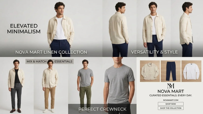 A men's fashion catalog grid for Nova Mart featuring a male model showcasing an elevated minimalist linen collection, mix and match essentials, and grey crewneck t-shirts in various studio poses.