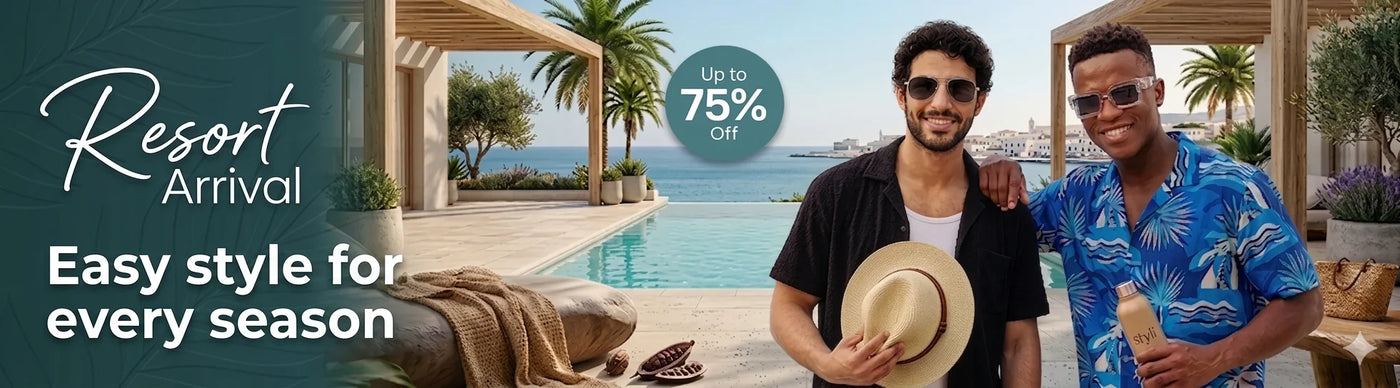 Nova Mart Men's Resort Arrival collection banner featuring minimalist styling on premium tropical print shirts, sunglasses, and high-end summer accessories with an up to 75% off promotion.