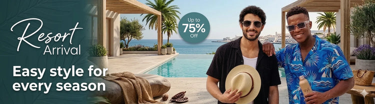 Nova Mart Men's Resort Arrival collection banner featuring minimalist styling on premium tropical print shirts, sunglasses, and high-end summer accessories with an up to 75% off promotion.