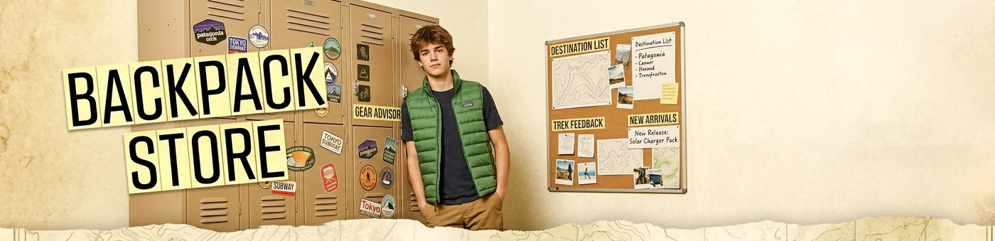 A young man stands in a minimalist gear room with travel-themed lockers and a destination map, showcasing the utility of Nova Mart's men's backpacks for urban travel.
