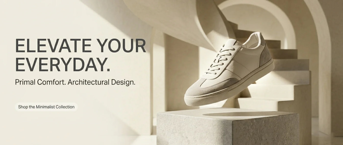 A premium white leather and suede sneaker floating elegantly above a light grey textured concrete pedestal in a minimalist architectural setting with soft cream arches, optimized for mobile-first indexing and high-end brand consistency.