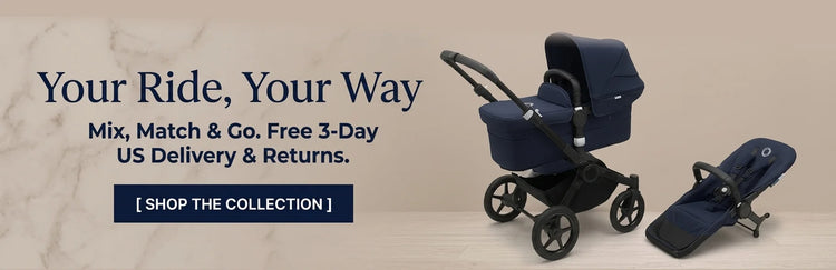 E-commerce mobile banner for Nova Mart featuring a premium navy blue baby stroller bassinet and matching modular car seat side-by-side against a warm cream marble background. Text reads 'Your Ride, Your Way. Mix, Match & Go. Free 3-Day US Delivery & Returns.' with a dark navy '[ SHOP THE COLLECTION ]' call-to-action button.