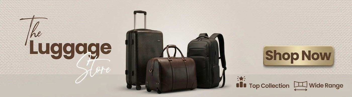 Premium luggage collection featuring black carbon fiber and leather bags on a minimalist cream background for Nova Mart.