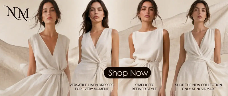 A wide web banner featuring a female model in multiple poses showcasing elegant, cream-colored linen dresses against a minimalist neutral background with the NM monogram logo.