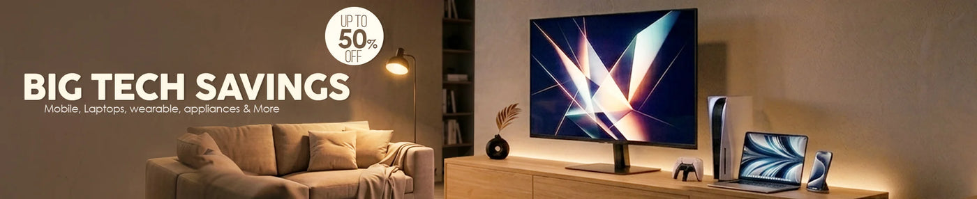 Living room setup with a large TV, sofa, and decorative items, featuring a 'Big Tech Savings' banner.