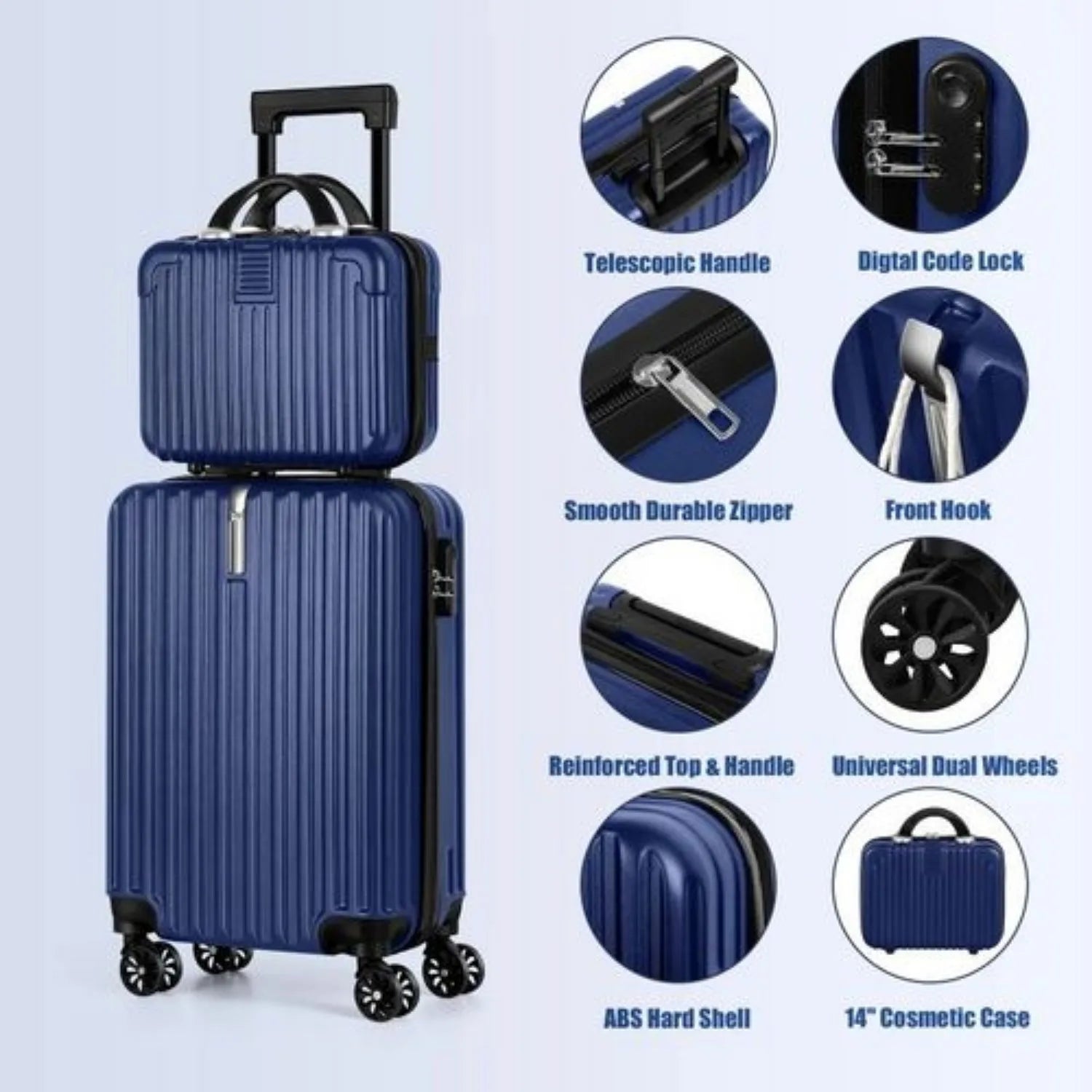 Two-piece Nova Mart hardshell nesting luggage set with TSA locks, including 20-inch and 14-inch suitcases, black color.