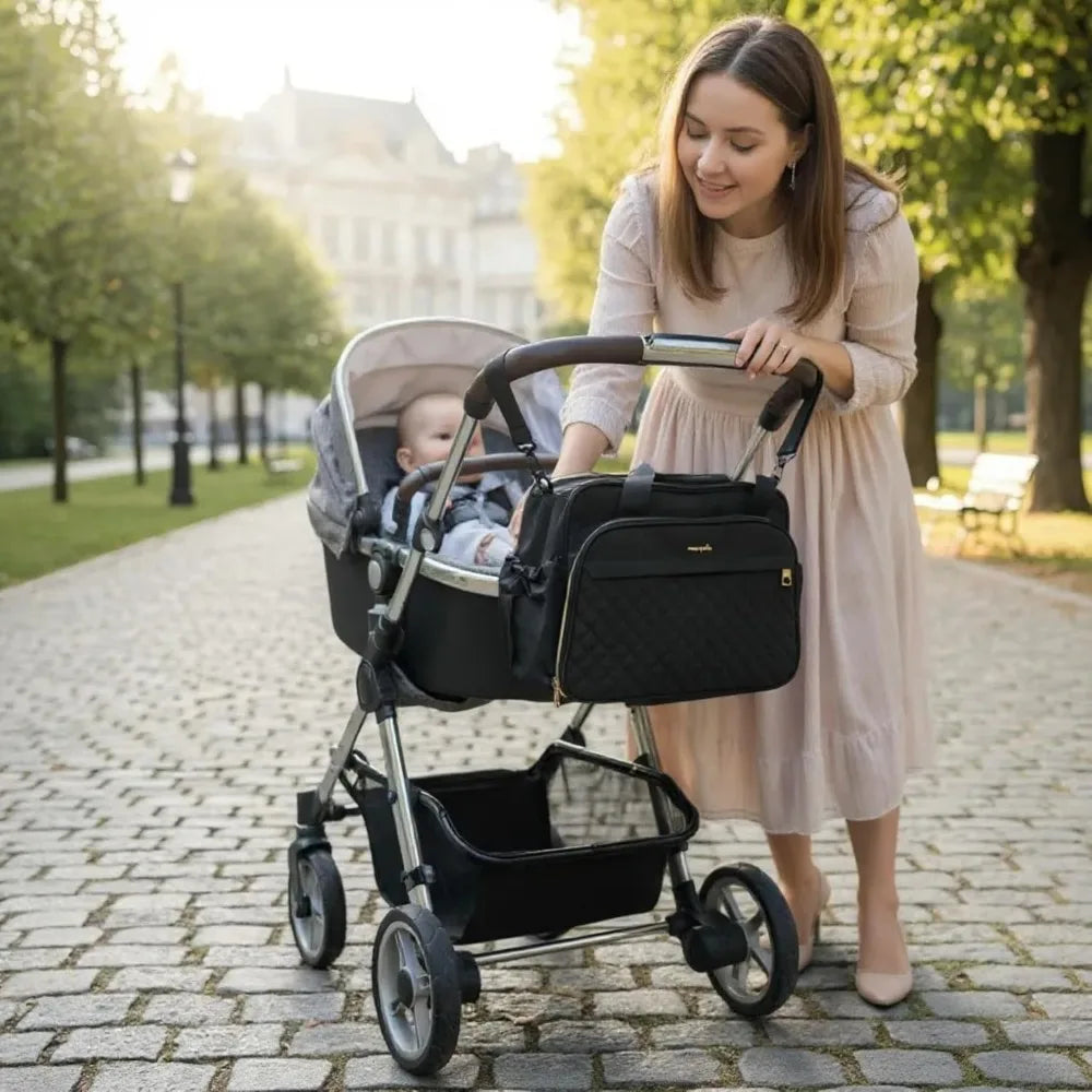 Large capacity Nova Mart diaper bag with 18 pockets and thermal pocket, designed for convenient baby essentials storage.