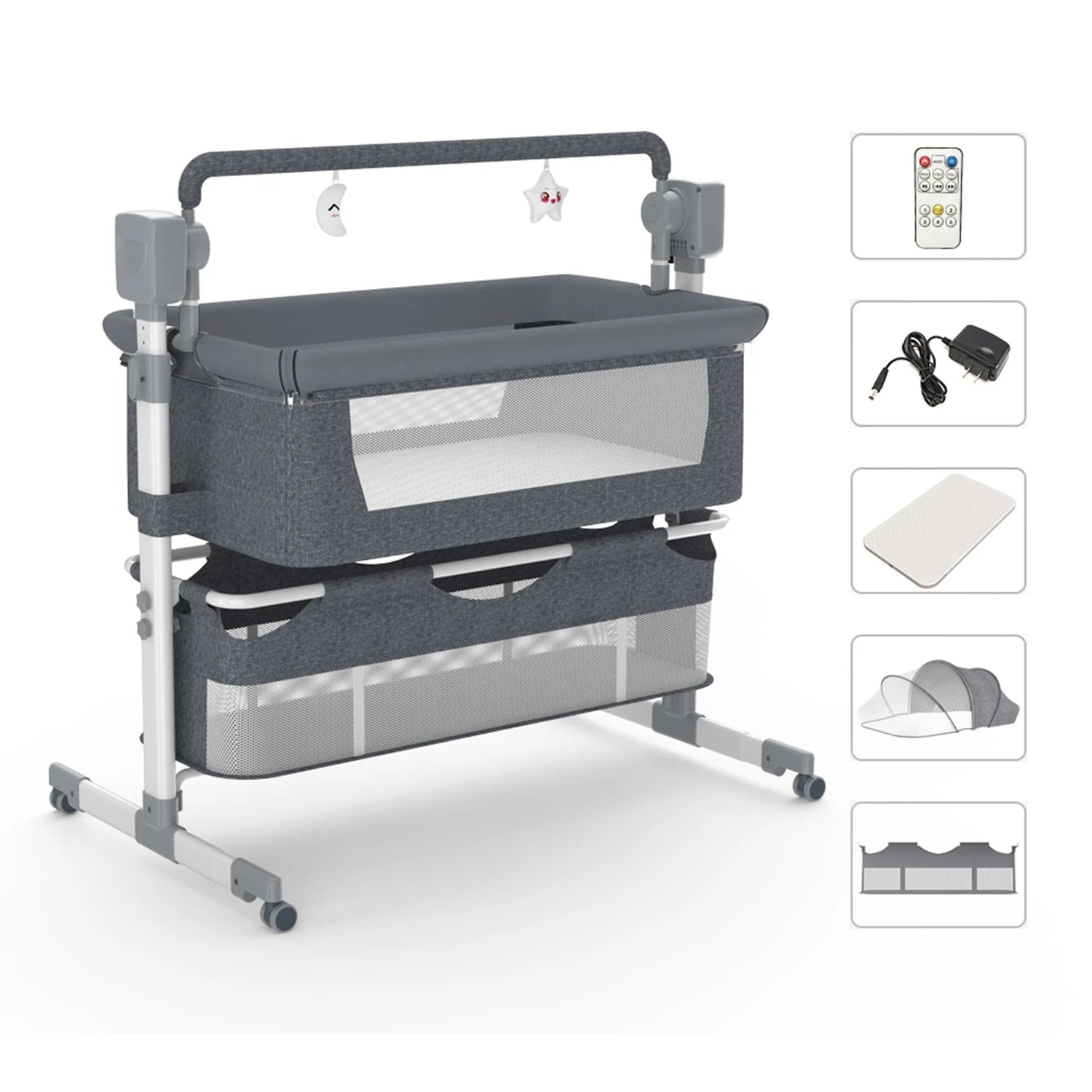 Lightweight foldable baby stroller with canopy and storage basket by Nova Mart, shown in a folded and open position.